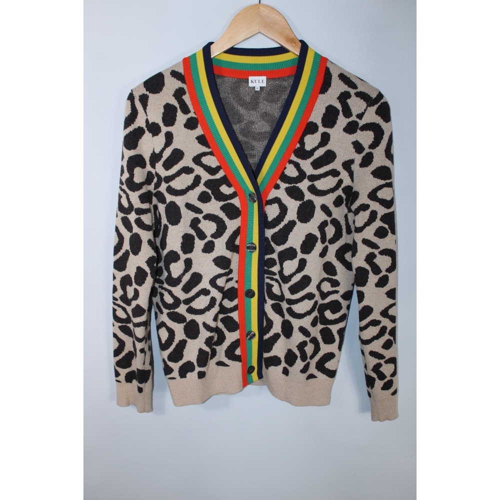 Kule Women's XS Multicolor Knit Colorful V-Neck Leopard Print Cardigan